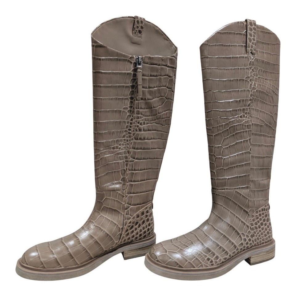 Sam Edelman Fable Cedar Croc Embossed Knee High Western Boots Taupe Brown 8M